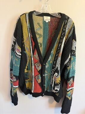 London Fog Sweater Vintage Coogi Style 3D Knit Cardigan Size XL